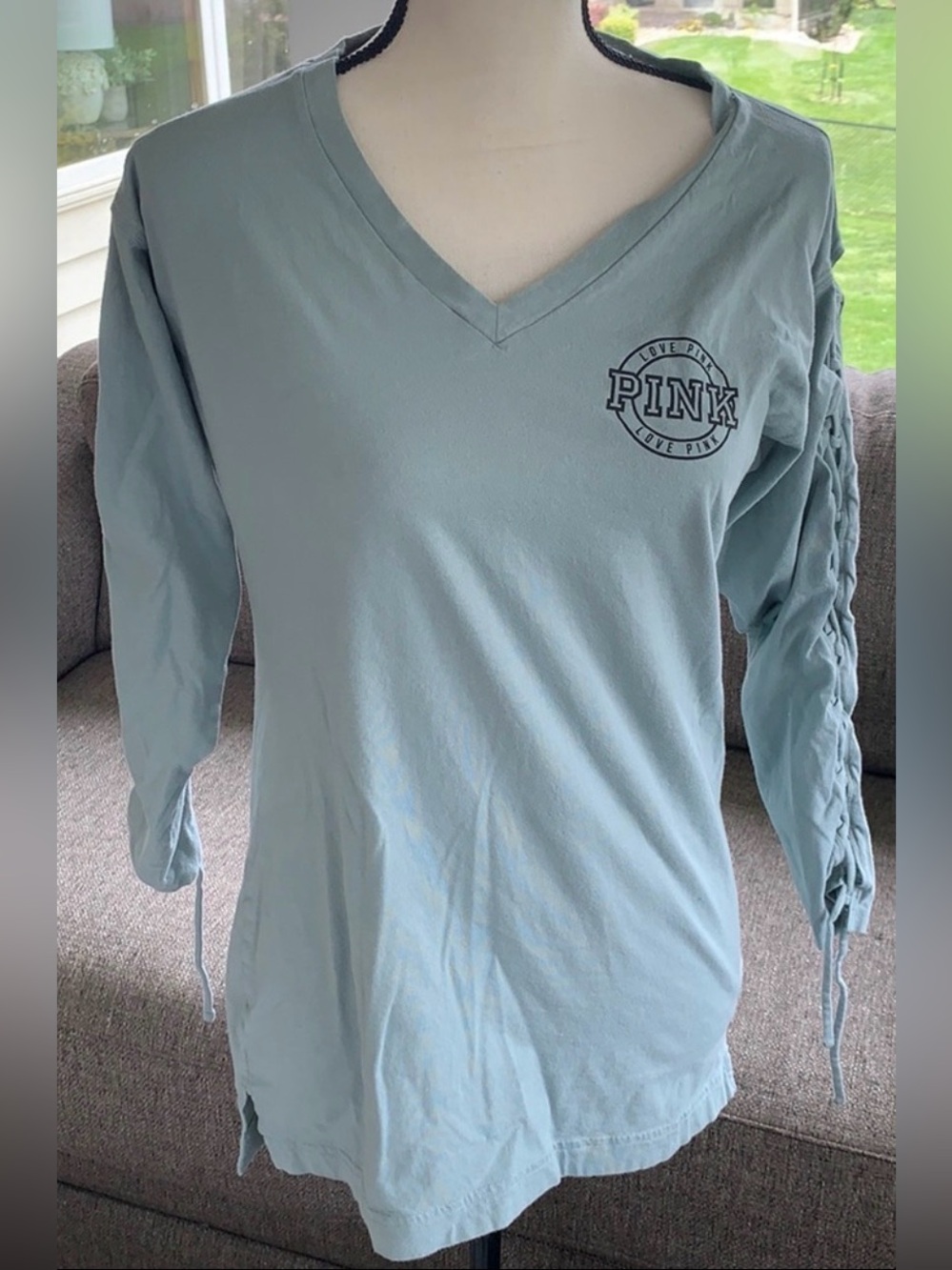 Victoria's Secret PINK Lace Up Sleeve V-Neck Top Sage Green XS